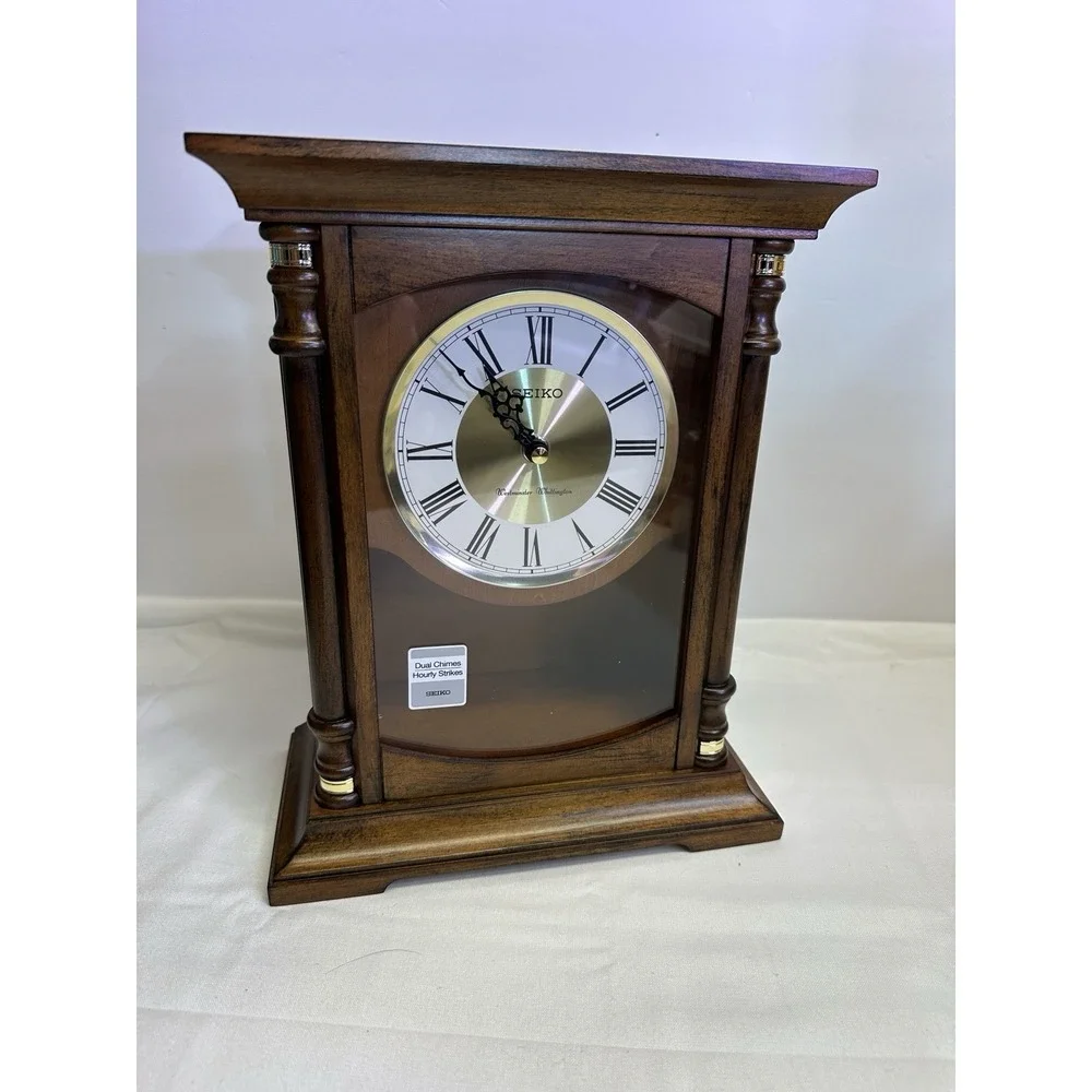 NIB: Seiko Baron Brown Wood Gold Mantel Pendulum Clock Dual Chimes QXQ034B